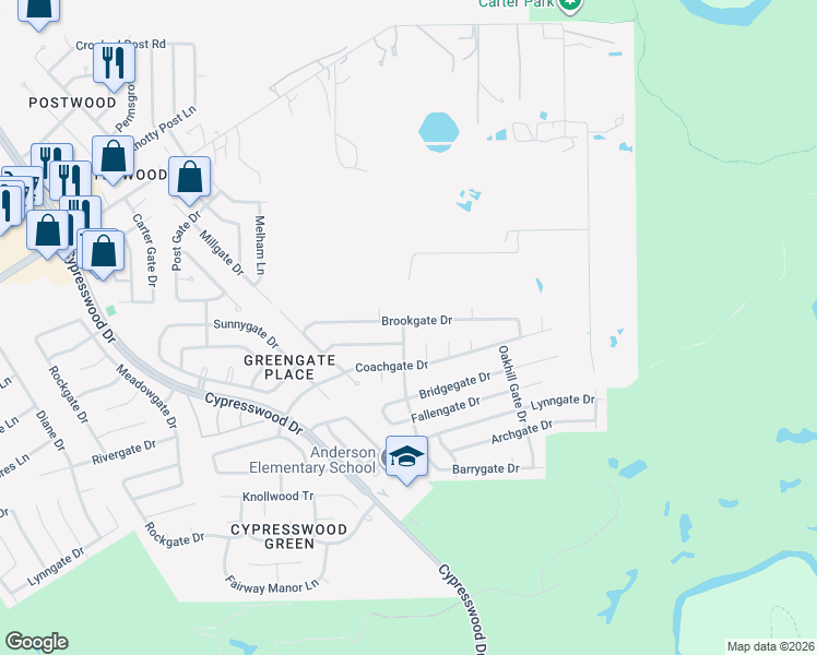map of restaurants, bars, coffee shops, grocery stores, and more near 22523 Colonialgate Drive in Spring