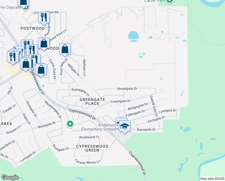 map of restaurants, bars, coffee shops, grocery stores, and more near 6222 Brookgate Drive in Spring