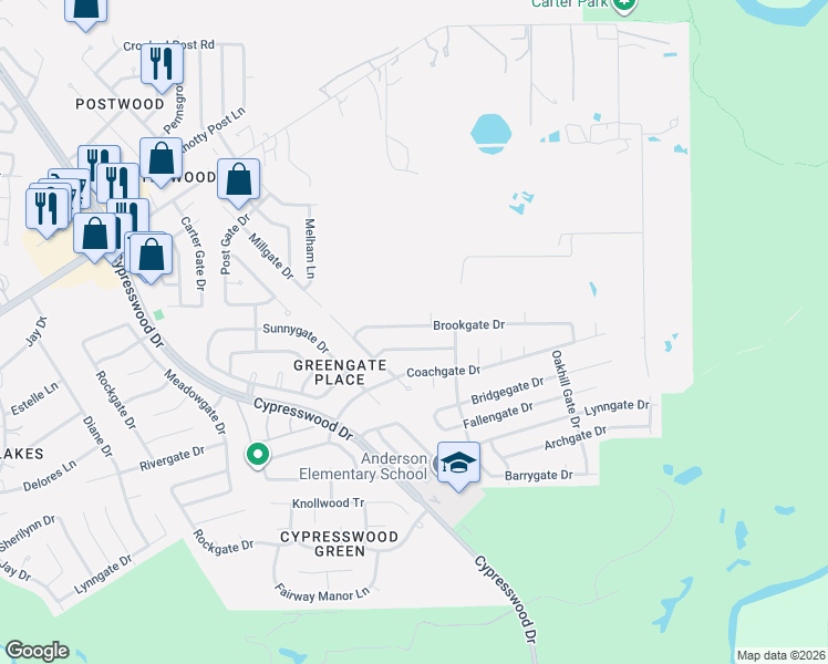map of restaurants, bars, coffee shops, grocery stores, and more near 6222 Brookgate Drive in Spring