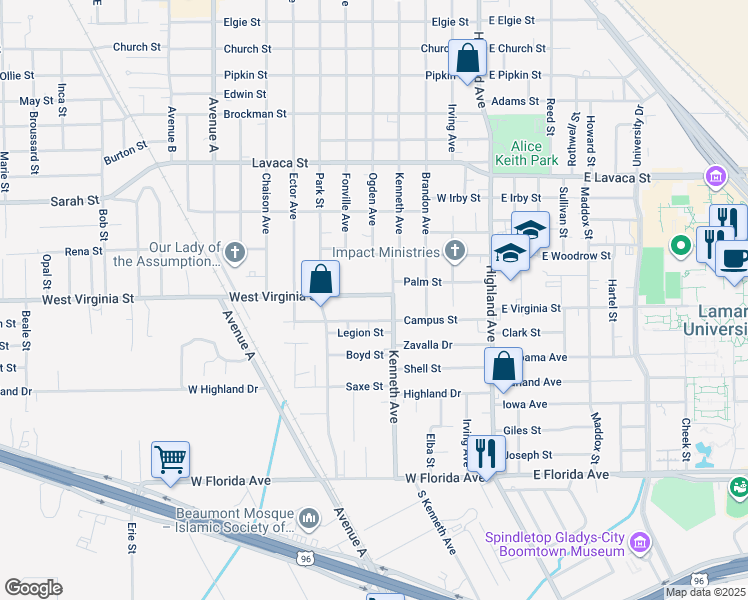map of restaurants, bars, coffee shops, grocery stores, and more near 807 West Virginia Street in Beaumont