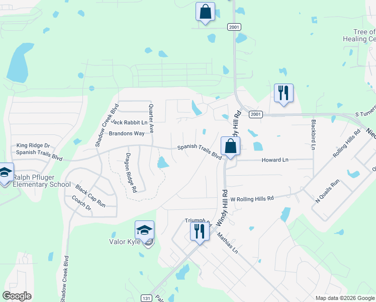 map of restaurants, bars, coffee shops, grocery stores, and more near 211 Wildfire Cove in Buda