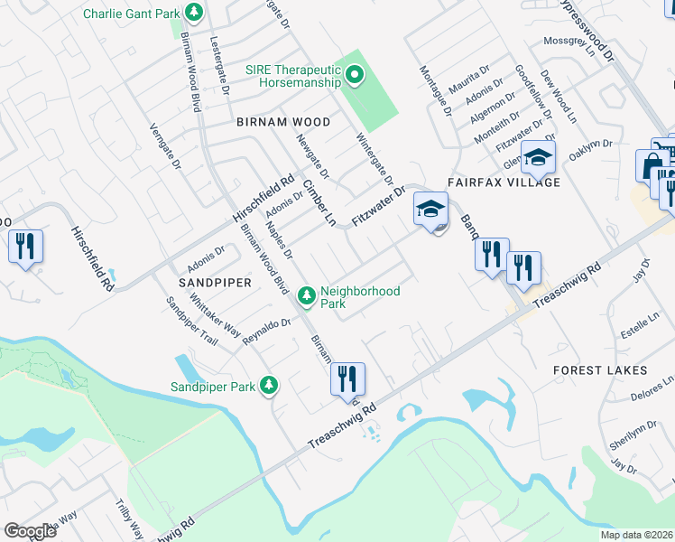 map of restaurants, bars, coffee shops, grocery stores, and more near 23107 Harpergate Drive in Spring