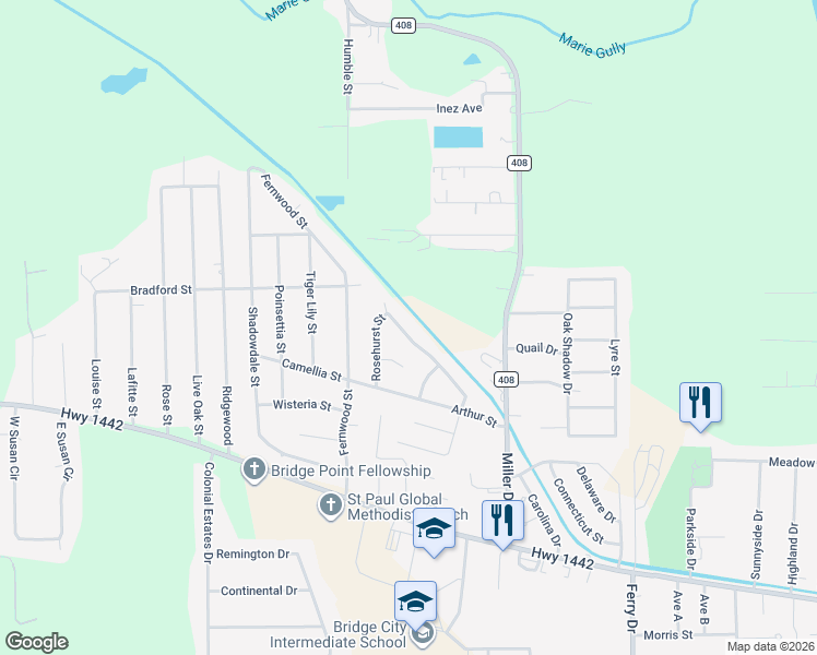 map of restaurants, bars, coffee shops, grocery stores, and more near 204 Thorn Ridge Street in Bridge City