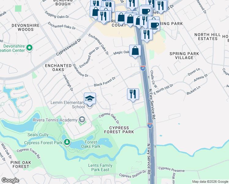 map of restaurants, bars, coffee shops, grocery stores, and more near 230 Pine Branch Drive in Spring
