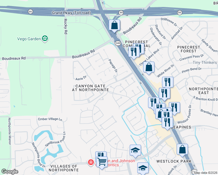 map of restaurants, bars, coffee shops, grocery stores, and more near 19311 Sun River Lane in Tomball