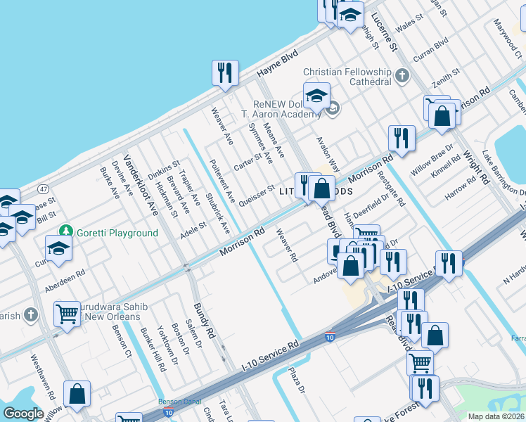 map of restaurants, bars, coffee shops, grocery stores, and more near 7300 Weaver Avenue in New Orleans