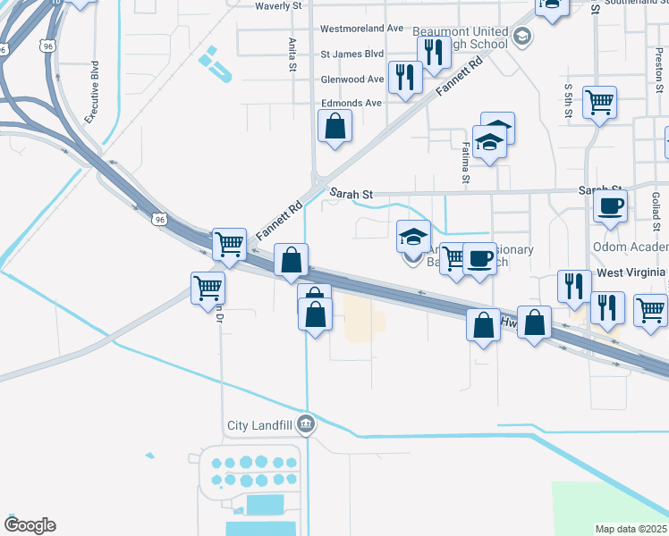 map of restaurants, bars, coffee shops, grocery stores, and more near 4215 West Cardinal Drive in Beaumont