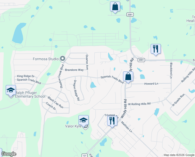 map of restaurants, bars, coffee shops, grocery stores, and more near 210 Pebble Creek Lane in Buda