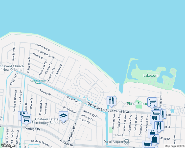 map of restaurants, bars, coffee shops, grocery stores, and more near 32 Royal Palm Drive in Kenner