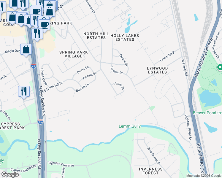 map of restaurants, bars, coffee shops, grocery stores, and more near 18815 Whitewood Drive in Spring