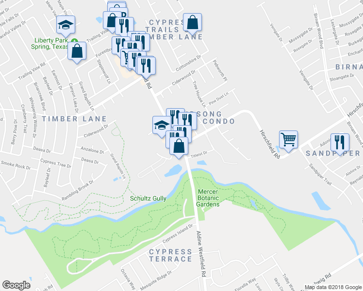 map of restaurants, bars, coffee shops, grocery stores, and more near 2902 Hirschfield Road in Spring