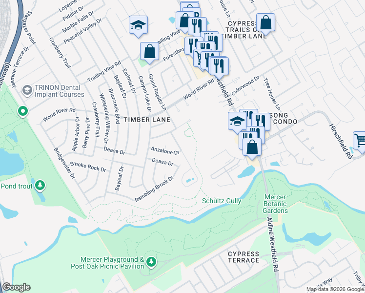 map of restaurants, bars, coffee shops, grocery stores, and more near 22914 Grand Rapids Lane in Spring