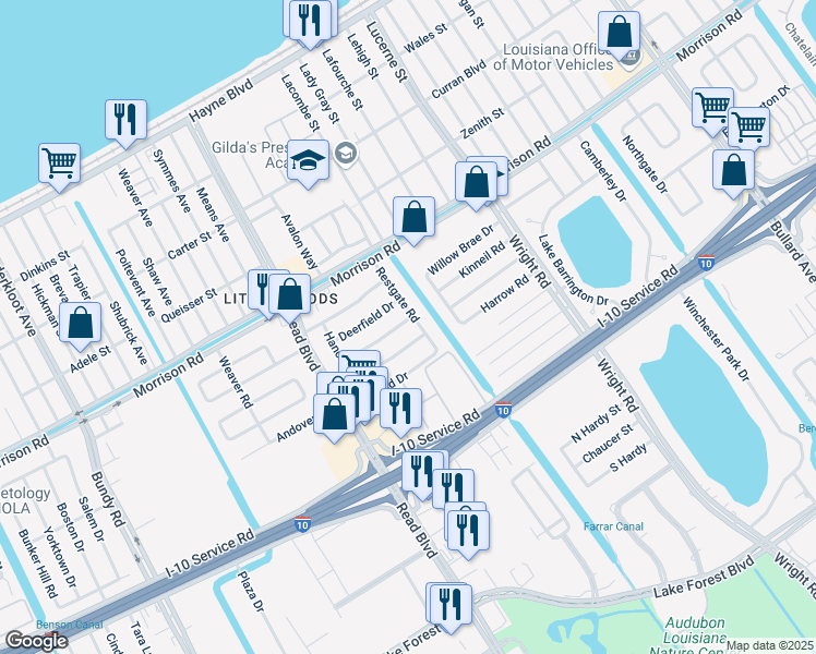map of restaurants, bars, coffee shops, grocery stores, and more near 10300 Chevy Chase Drive in New Orleans