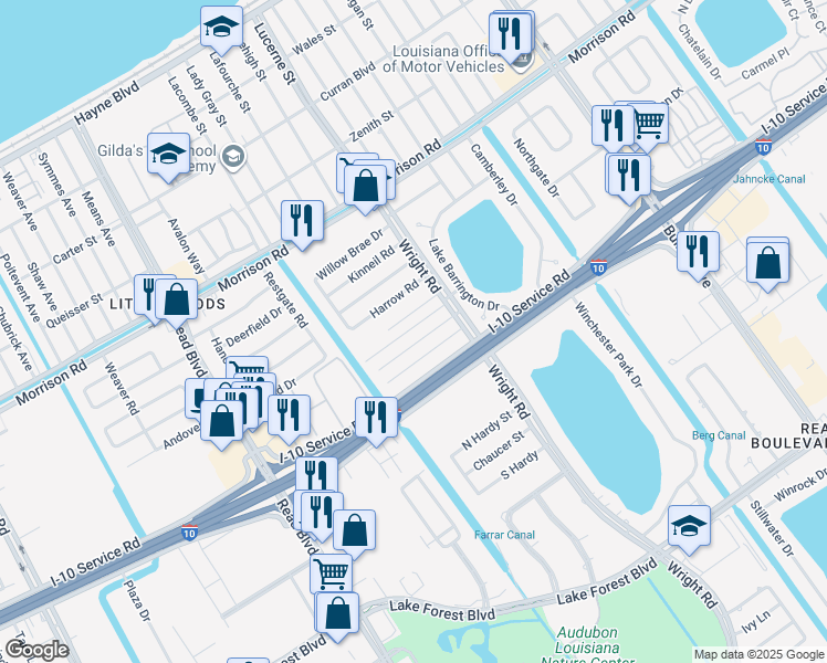 map of restaurants, bars, coffee shops, grocery stores, and more near 10831 Roger Drive in New Orleans