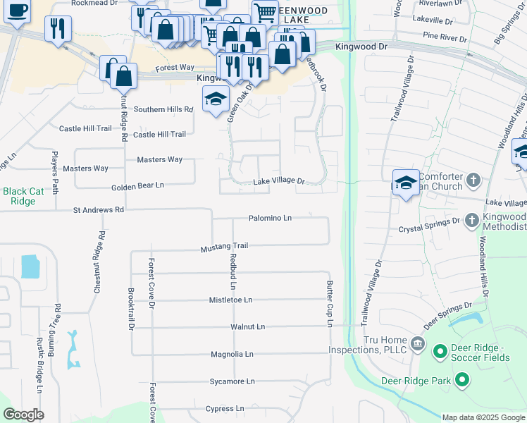 map of restaurants, bars, coffee shops, grocery stores, and more near 1521 Palomino Lane in Humble