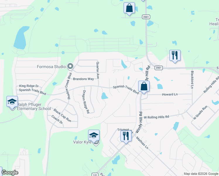 map of restaurants, bars, coffee shops, grocery stores, and more near 199 Pebble Creek Lane in Buda