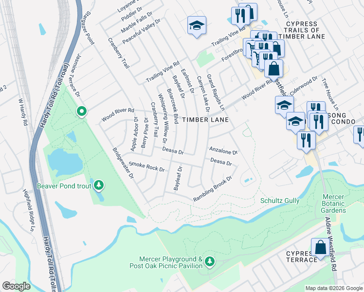 map of restaurants, bars, coffee shops, grocery stores, and more near 23002 Bayleaf Drive in Spring