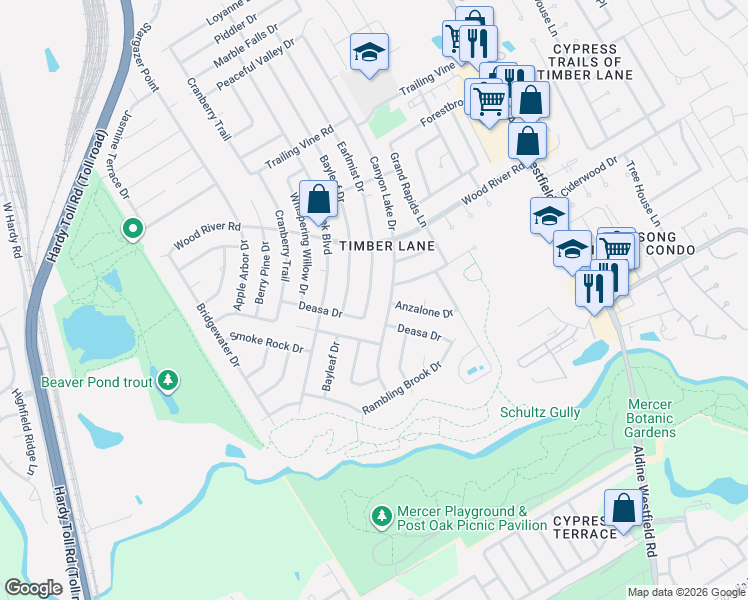 map of restaurants, bars, coffee shops, grocery stores, and more near 2502 Anzalone Drive in Spring