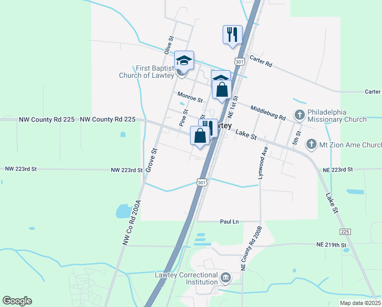 map of restaurants, bars, coffee shops, grocery stores, and more near 22703 Park Street in Lawtey