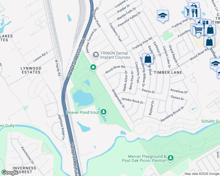 map of restaurants, bars, coffee shops, grocery stores, and more near 23027 Bridgewater Drive in Spring