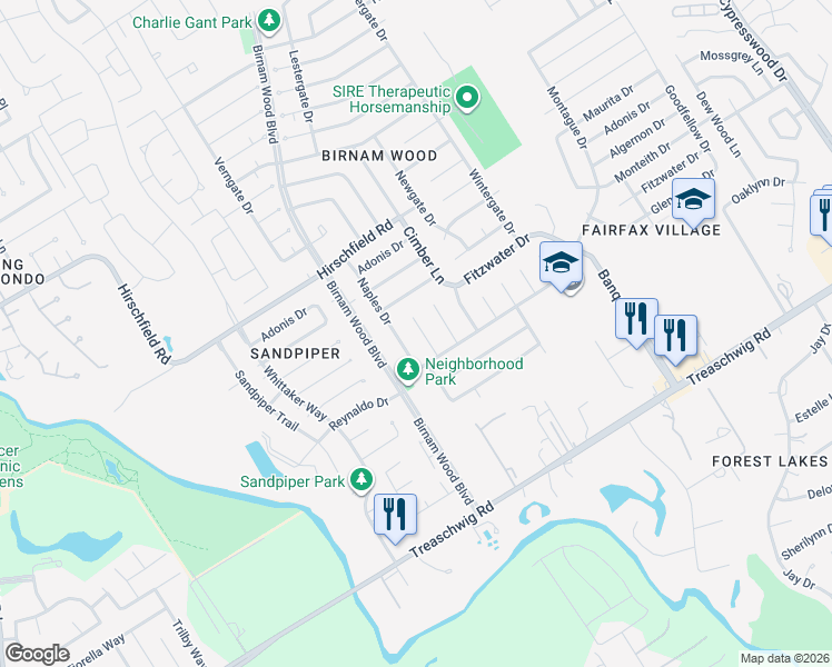 map of restaurants, bars, coffee shops, grocery stores, and more near 23118 Naples Drive in Spring