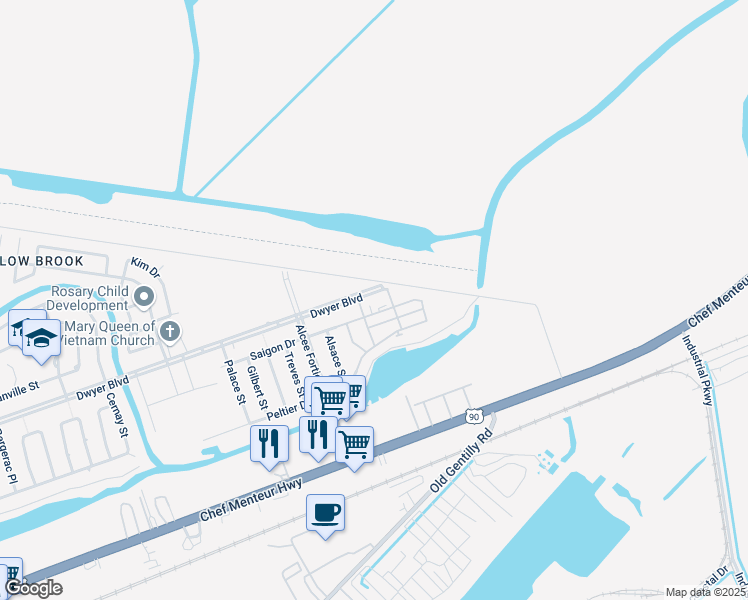 map of restaurants, bars, coffee shops, grocery stores, and more near 15520 Dwyer Boulevard in New Orleans