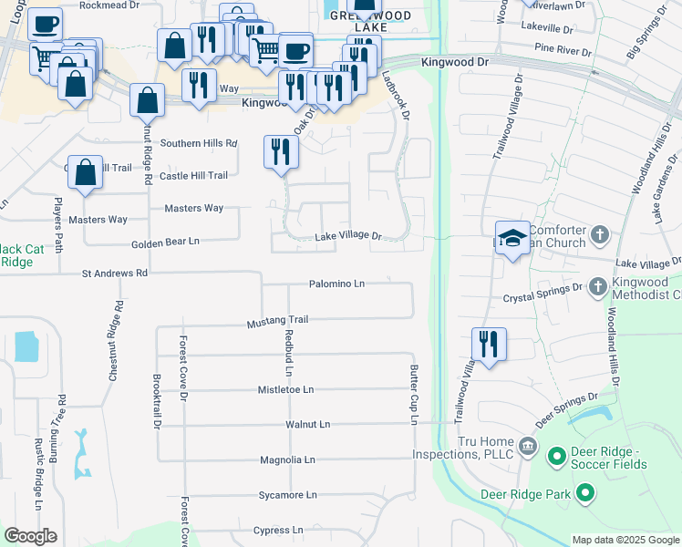 map of restaurants, bars, coffee shops, grocery stores, and more near 1521 Palomino Lane in Humble