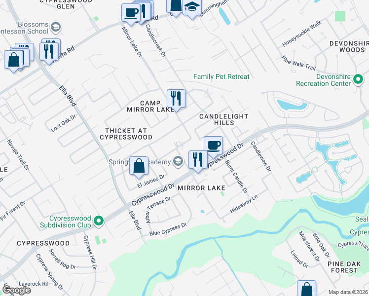 map of restaurants, bars, coffee shops, grocery stores, and more near 19022 Mirror Lake Drive in Spring