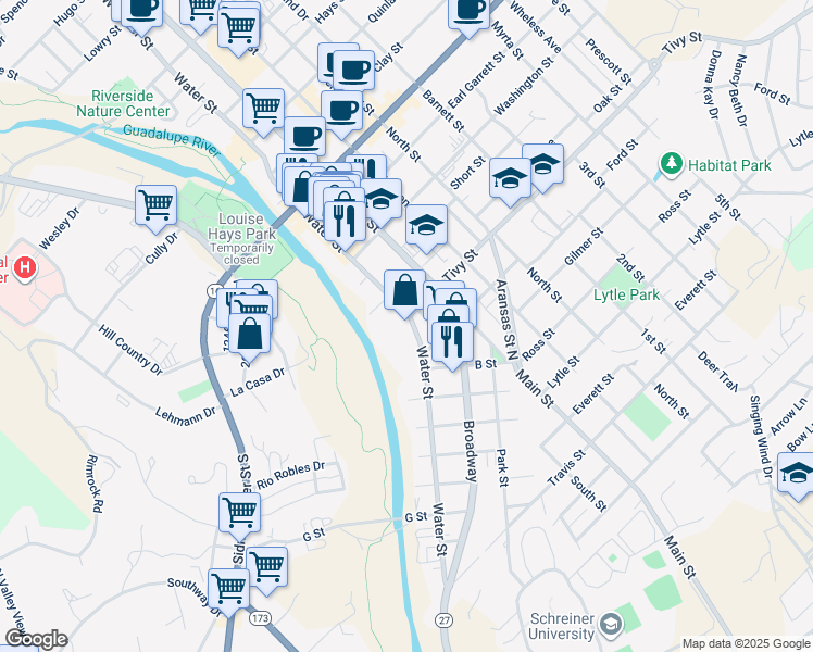 map of restaurants, bars, coffee shops, grocery stores, and more near 1001 Water Street in Kerrville