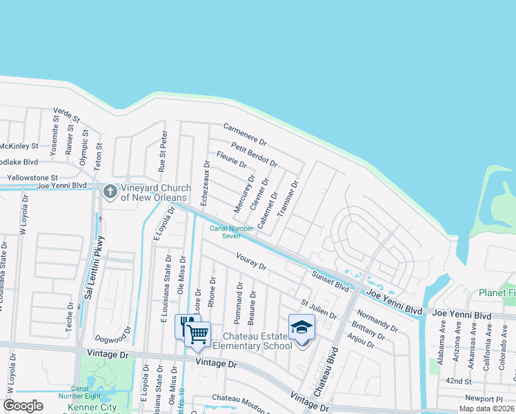 map of restaurants, bars, coffee shops, grocery stores, and more near 5 Clevner Drive in Kenner