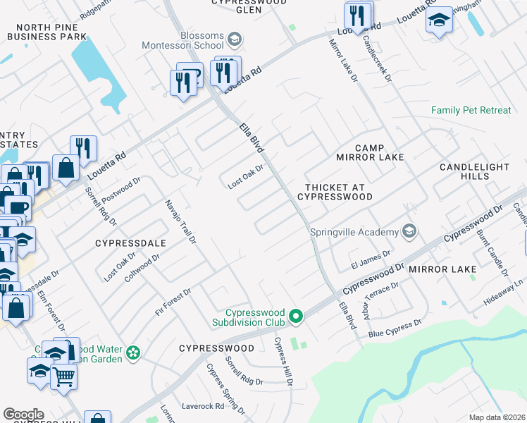map of restaurants, bars, coffee shops, grocery stores, and more near 3627 Chapel Square Drive in Spring