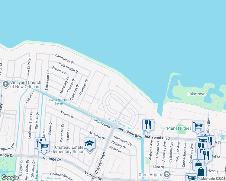 map of restaurants, bars, coffee shops, grocery stores, and more near 62 Palmetto in Kenner