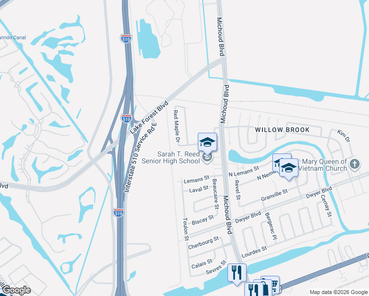 map of restaurants, bars, coffee shops, grocery stores, and more near 1303 Maple Wood Drive in New Orleans