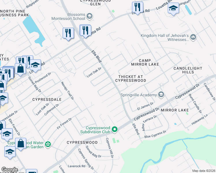 map of restaurants, bars, coffee shops, grocery stores, and more near 3627 Chapel Square Drive in Spring