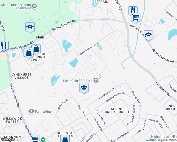 map of restaurants, bars, coffee shops, grocery stores, and more near 18106 Golden Falls Lane in Spring