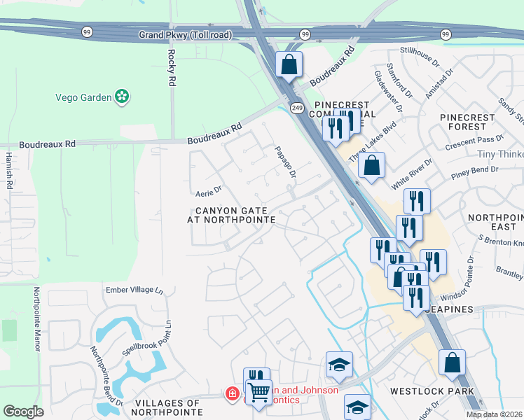 map of restaurants, bars, coffee shops, grocery stores, and more near 19311 Sun River Lane in Tomball