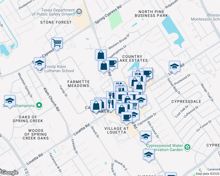 map of restaurants, bars, coffee shops, grocery stores, and more near 18737 Kuykendahl Road in Spring