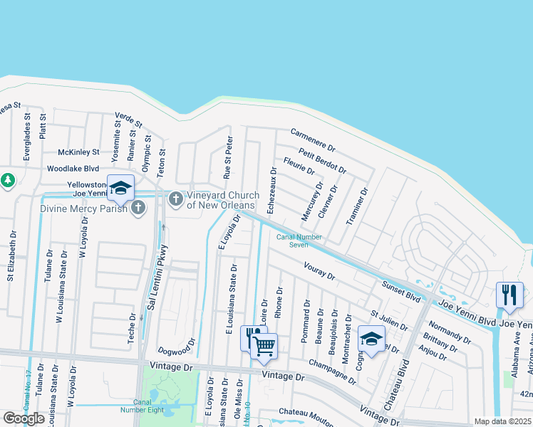 map of restaurants, bars, coffee shops, grocery stores, and more near 3 Echezeaux Drive in Kenner