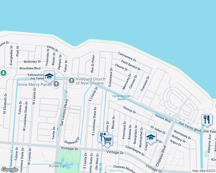 map of restaurants, bars, coffee shops, grocery stores, and more near 3 Echezeaux Drive in Kenner