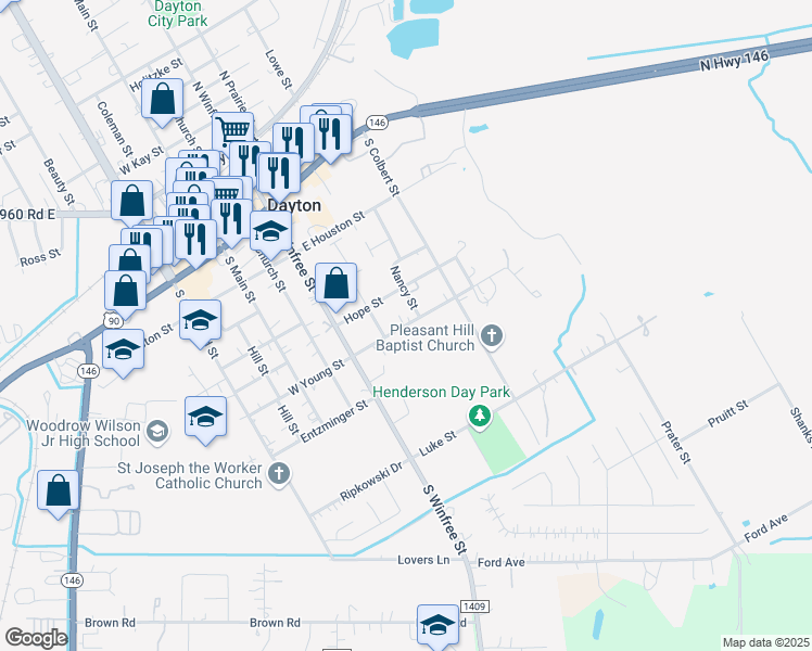 map of restaurants, bars, coffee shops, grocery stores, and more near 402 East Young Street in Dayton