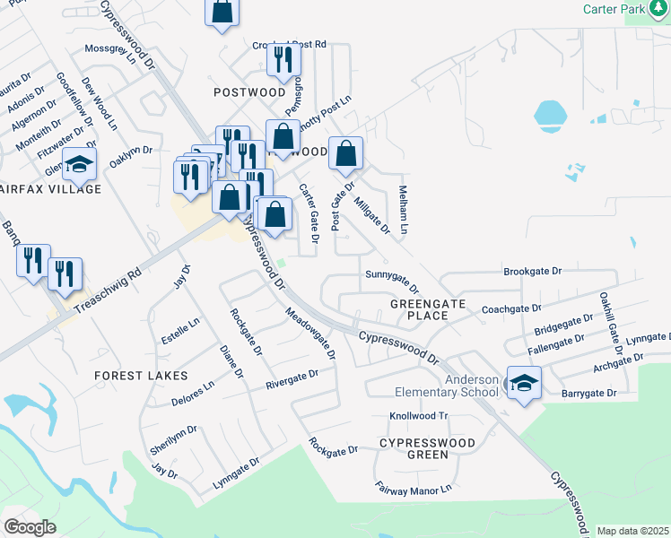 map of restaurants, bars, coffee shops, grocery stores, and more near 5718 Sunnygate Drive in Spring