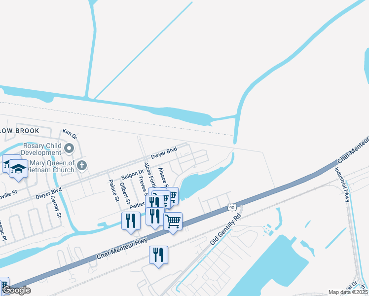 map of restaurants, bars, coffee shops, grocery stores, and more near 15534 Dwyer Boulevard in New Orleans