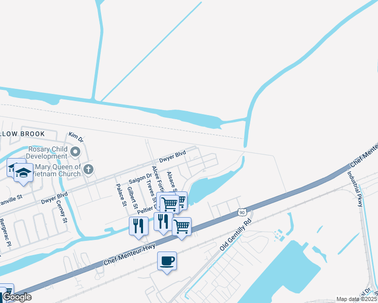 map of restaurants, bars, coffee shops, grocery stores, and more near 15524 Dwyer Boulevard in New Orleans