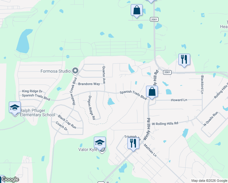 map of restaurants, bars, coffee shops, grocery stores, and more near 210 Pebble Creek Lane in Buda