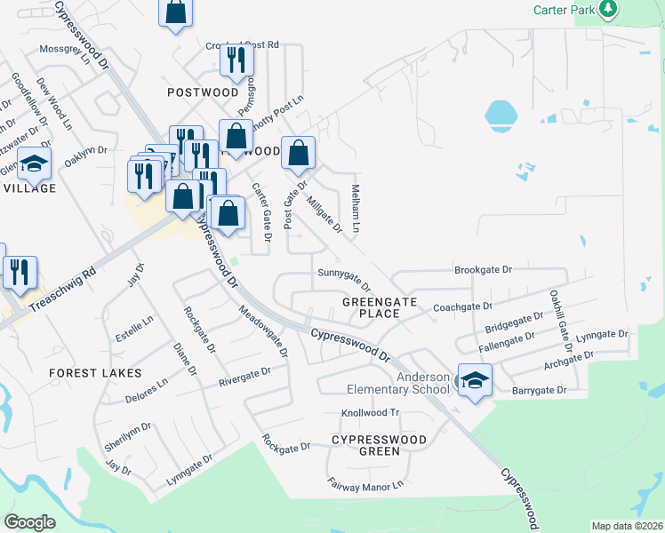 map of restaurants, bars, coffee shops, grocery stores, and more near 5818 Sunnygate Drive in Spring