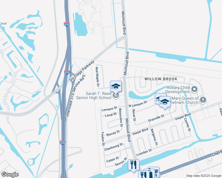 map of restaurants, bars, coffee shops, grocery stores, and more near 1312 Maple Wood Drive in New Orleans