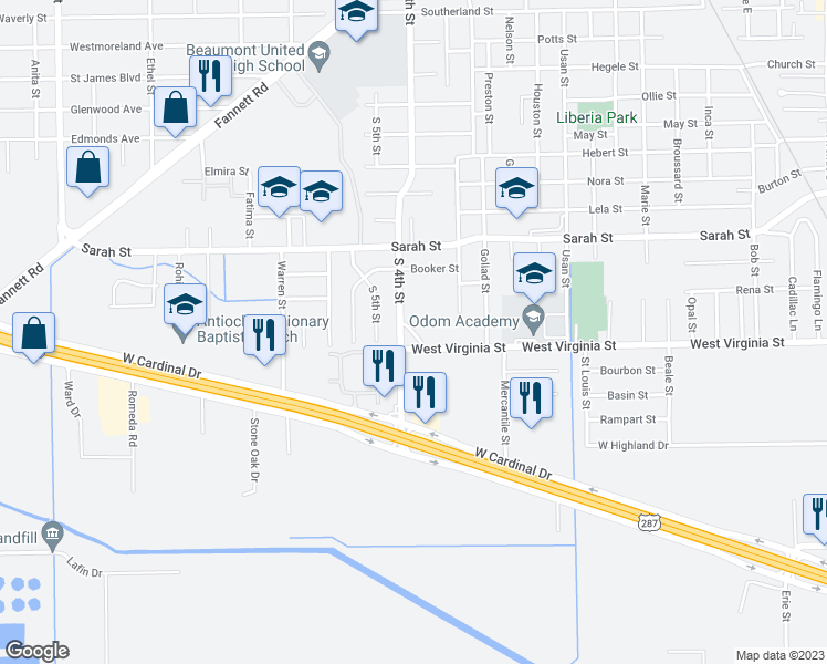 map of restaurants, bars, coffee shops, grocery stores, and more near 4400 Abraham Street in Beaumont