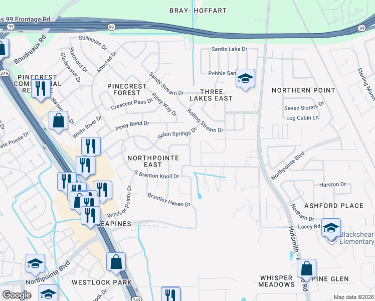 map of restaurants, bars, coffee shops, grocery stores, and more near 19307 Wading River Drive in Tomball
