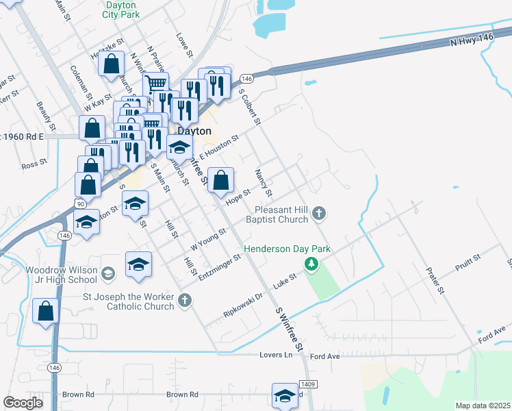 map of restaurants, bars, coffee shops, grocery stores, and more near 402 East Young Street in Dayton
