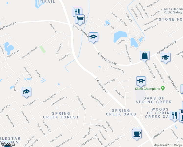 map of restaurants, bars, coffee shops, grocery stores, and more near T C Jester Boulevard in Spring